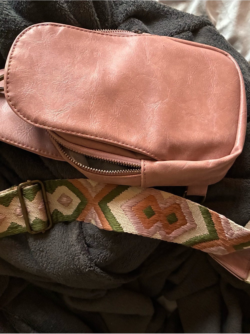 Blush Pink Crossbody Bag with Patterned Strap - Casual Women's Bag